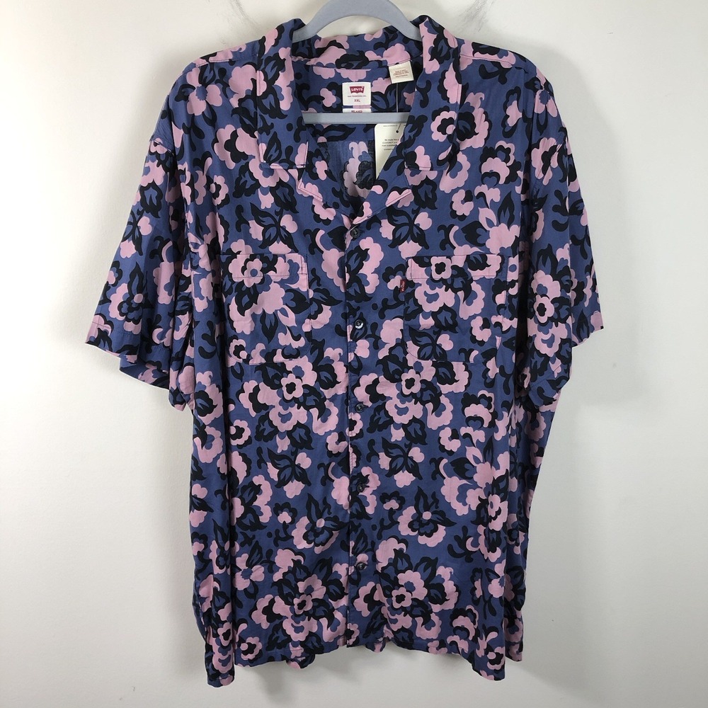 Levis Camp Floral Short Sleeve Button Up Shirt Blue Pink Mens 2XL Beach Hawaiian